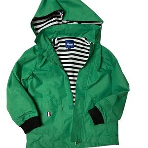 Green Hooded Rain Jacket with Striped Lining